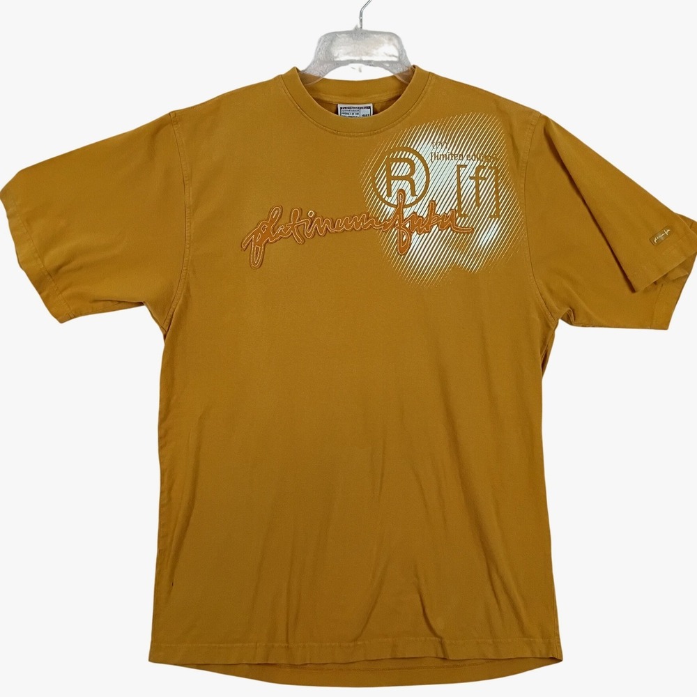 Platinum FUBU Graphic Tee Men L Gold Mustard Yellow Y2K Streetwear Patched Front